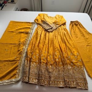 Ethnic Indian Wear Mustard Yellow Long Sleeve Anarkali Dress Set